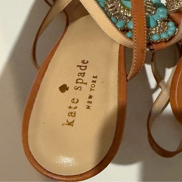 Kate Spade Tan 3in Heeled Sandals Leather with Turquoise Gemstones Size 8 Italy - Picture 10 of 10